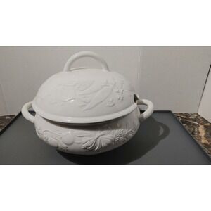 Over & Back: Ceramic Large Soup Tureen with  Lid embossed with Vegetable Design